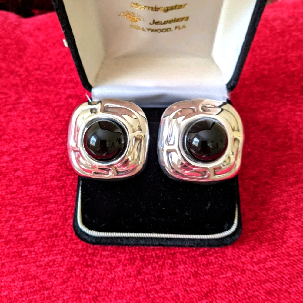 925 SILVER FAUX BLACK ONYX CLIP ON EARRING